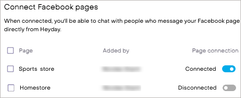 Example of Facebook Page connections with one Page showing as connected and the other as disconnected.