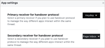 Facebook Page manager showing primary and secondary receiver settings.
